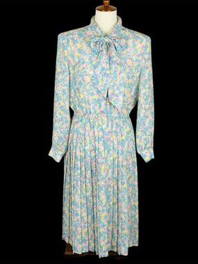 Vintage Schrader Sport Petite Dress Sz 12 Sheer Floral Pussybow Pleated Modest